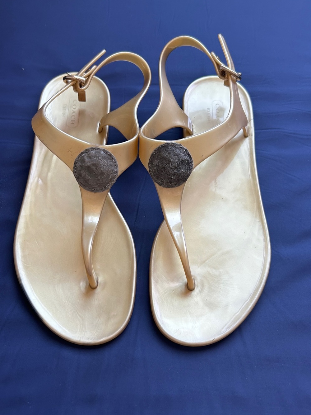 Coach Nude Tan Jelly Thong Sandals with Signature Round Medallion